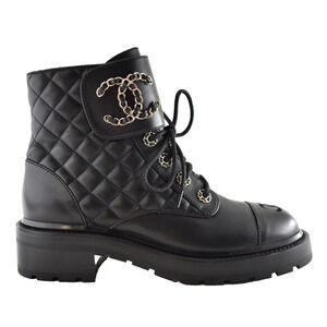 Chanel 21A Black Quilted Gold CC Chain Combat Lace Up Tie Ankle Short Boots 39.5